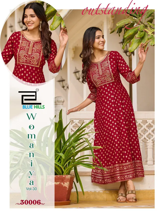 Womaniya Vol 30 By Blue Hills Rayon Printed Anarakali Long Kurti Orders In India